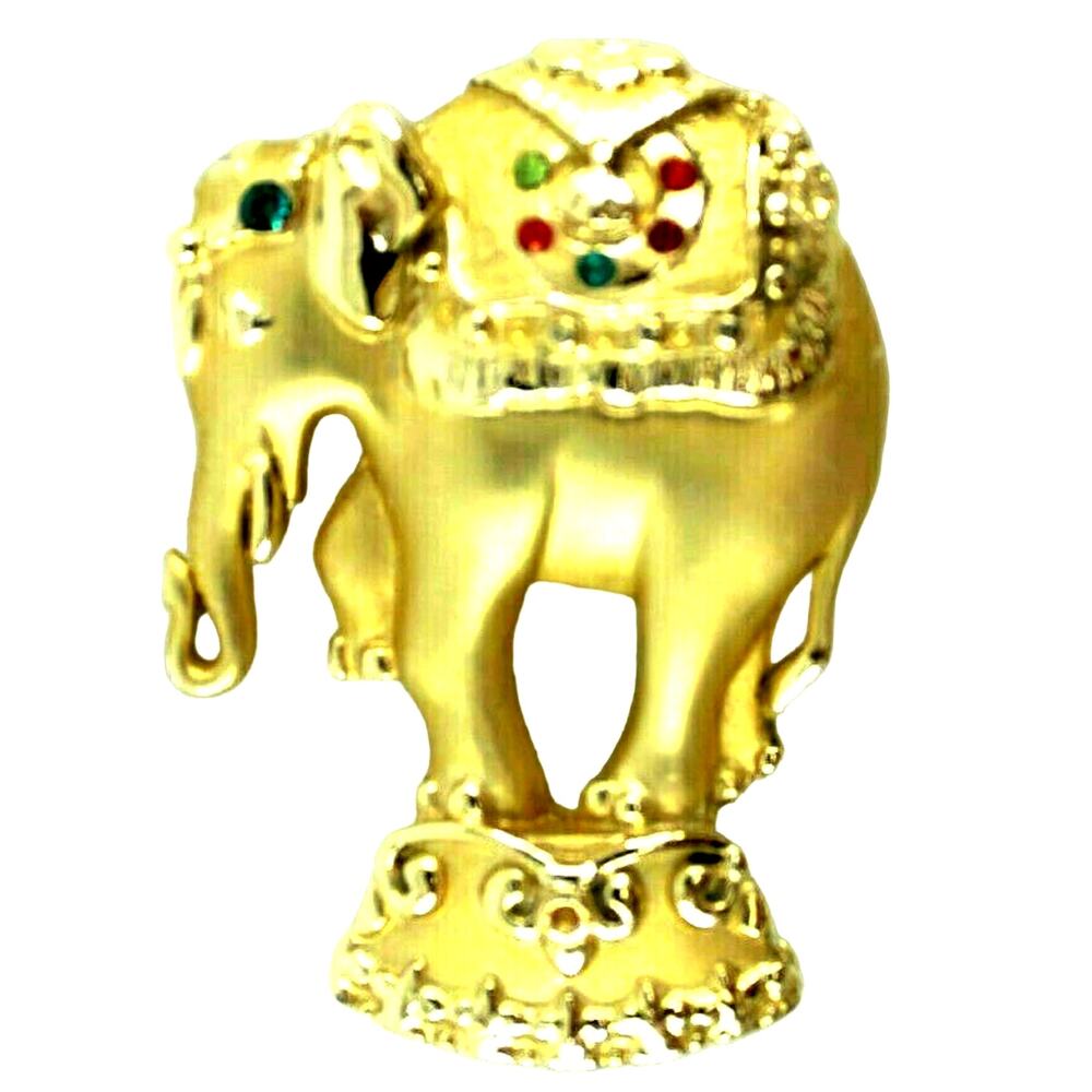 AJC Brushed Goldtone Circus Elephant Brooch Green Red Blue Rhinestones 2-1/4"